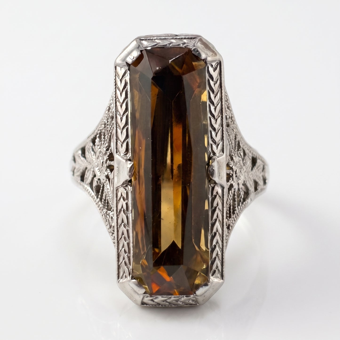 14kt White Gold Citrine Filigree Ring 1930s Vintage