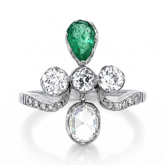 Rose-Cut Diamond & Pear Emerald Ring in Platinum & 14K Gold