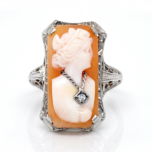 14K White Gold Art Deco Cameo Diamond Ring Size 6.5
