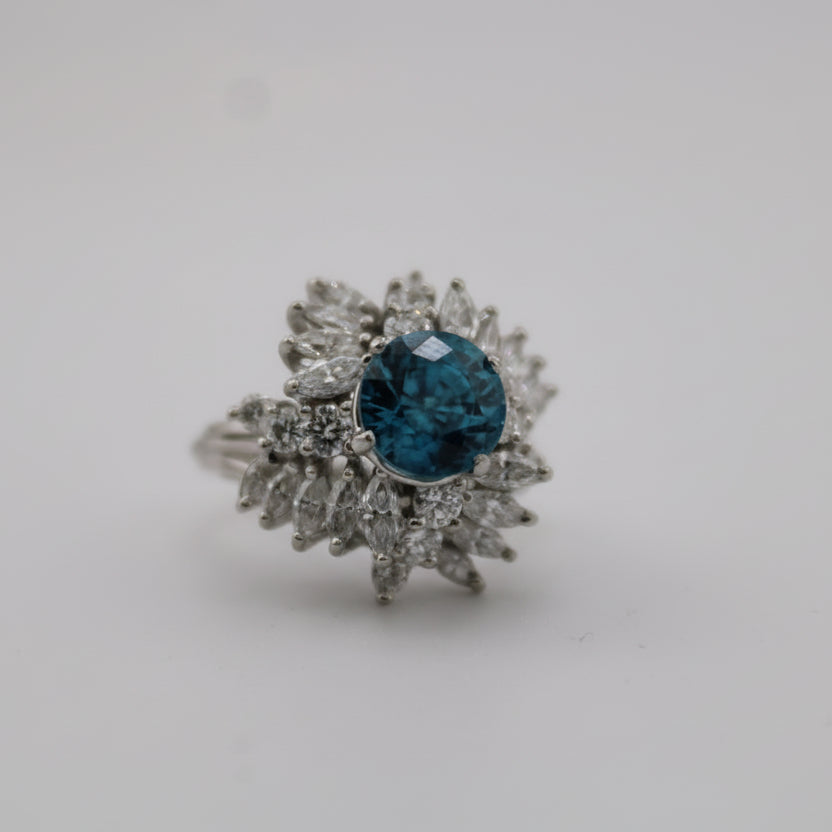 2ctw Diamond 4.35ct Cambodian Blue Zircon Platinum Vintage Cocktail Ring