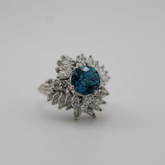 2ctw Diamond 4.35ct Cambodian Blue Zircon Platinum Vintage Cocktail Ring