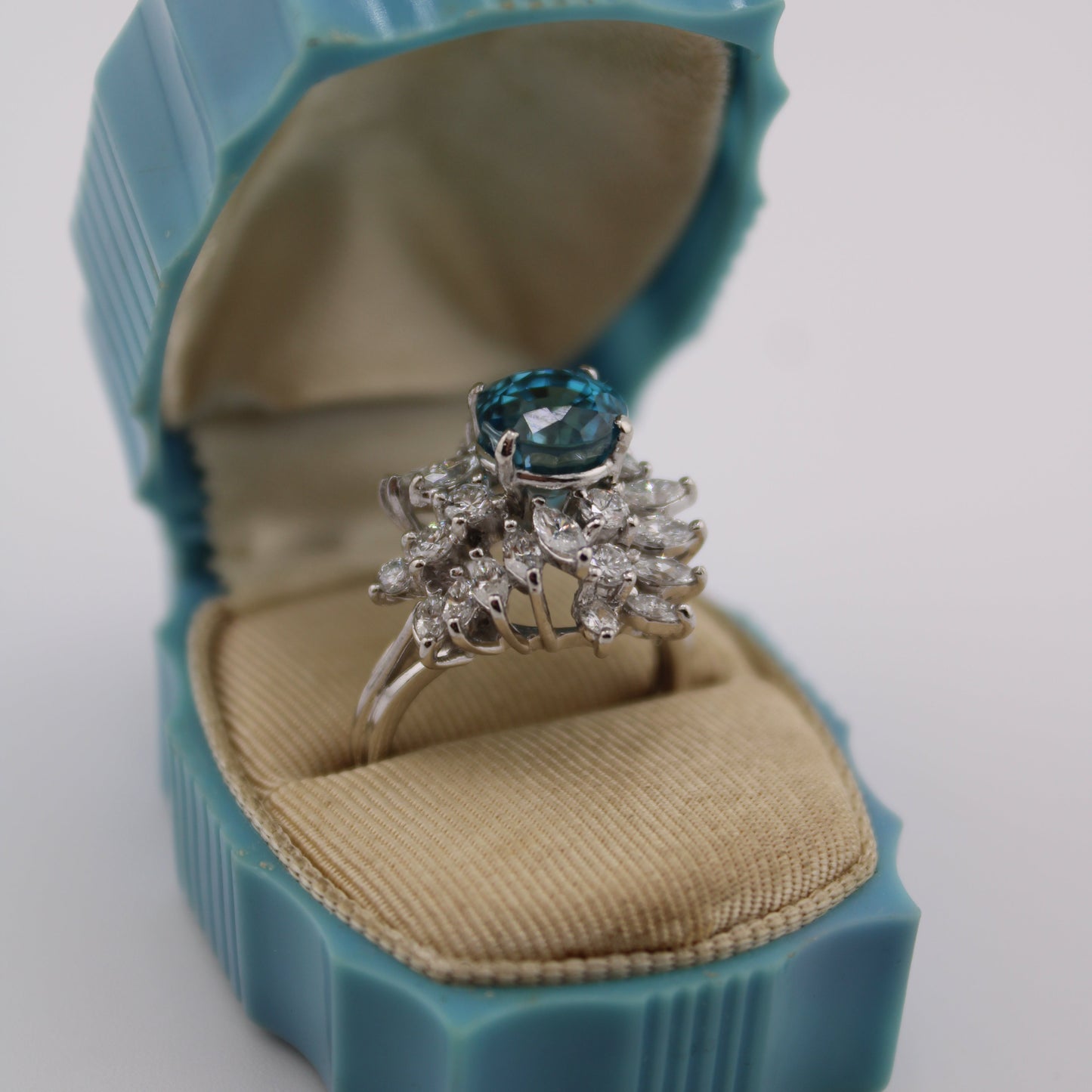 2ctw Diamond 4.35ct Cambodian Blue Zircon Platinum Vintage Cocktail Ring