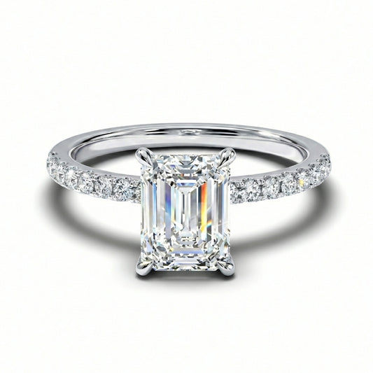 2ct Lab Grown Emerald Cut Diamond Pavé Shank Engagement Ring