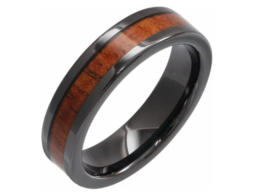 Black Ceramic KOA Wood Inlay 6 mm Comfort-Fit Flat Band